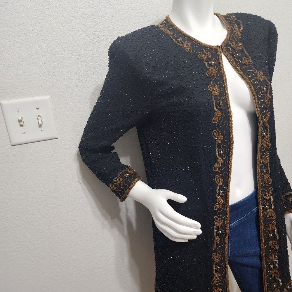 Vintage Scala Black Silk Beaded Long Evening Jacket Size M - Picture 11 of 12
